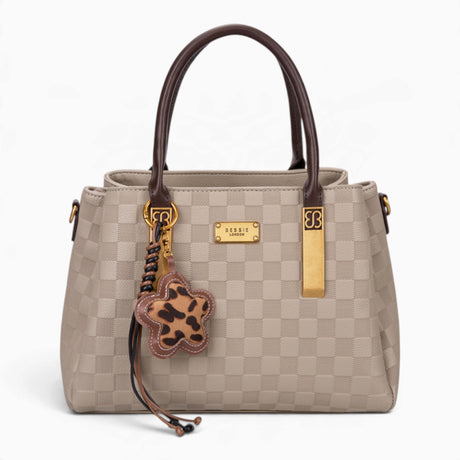 Taupe checkerboard tote bag with a charm and gold-tone hardware