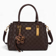 Coffee checkerboard tote bag with a charm and gold-tone hardware