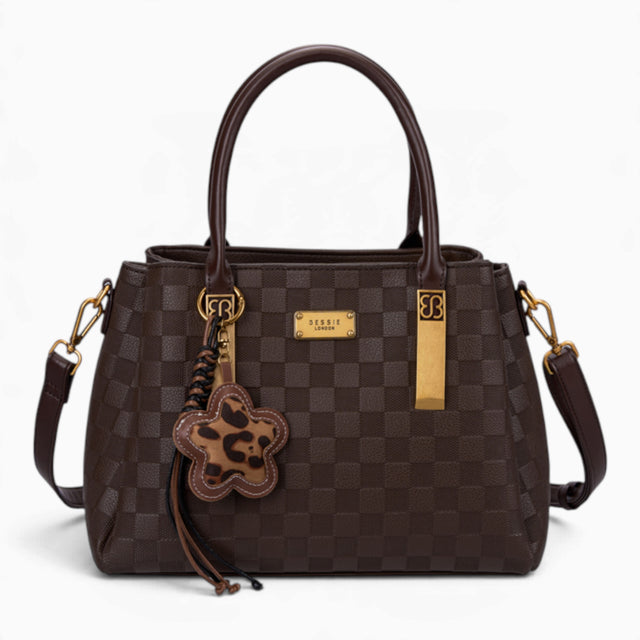 Coffee checkerboard tote bag with a charm and gold-tone hardware