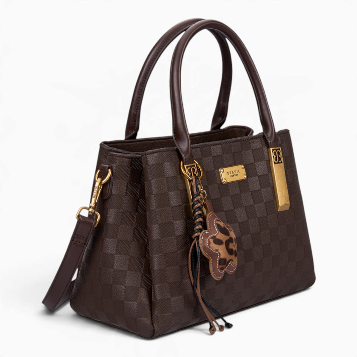 Coffee checkerboard tote bag, angled view showing the checkerboard pattern and charm