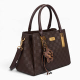 Coffee checkerboard tote bag, angled view showing the checkerboard pattern and charm