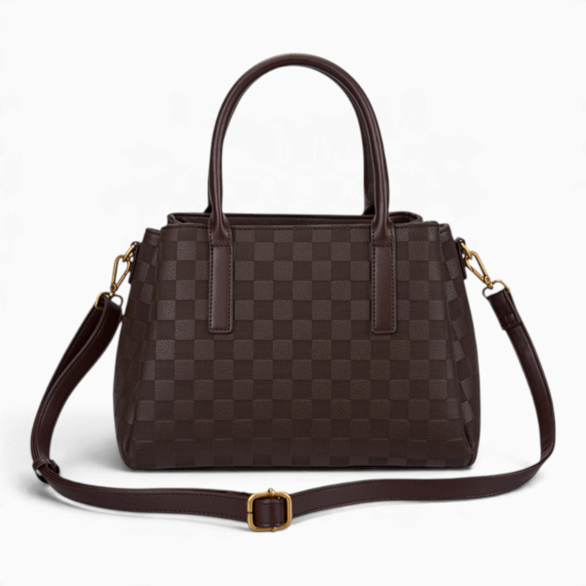 Coffee checkerboard tote bag with its detachable shoulder strap attached