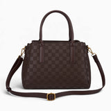 Coffee checkerboard tote bag with its detachable shoulder strap attached