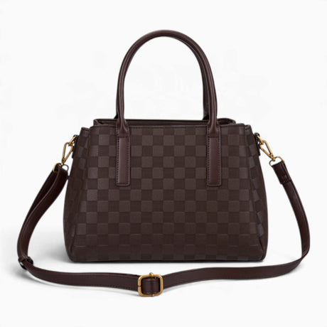 Coffee checkerboard tote bag with its detachable shoulder strap attached