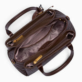 Coffee checkerboard tote bag opened to show the three zipped middle compartments