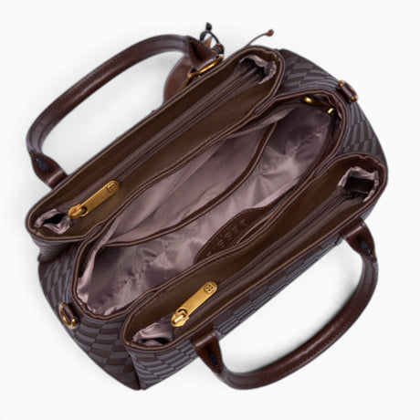Coffee checkerboard tote bag opened to show the three zipped middle compartments