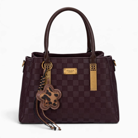 Wine checkerboard tote bag with a charm and gold-tone hardware