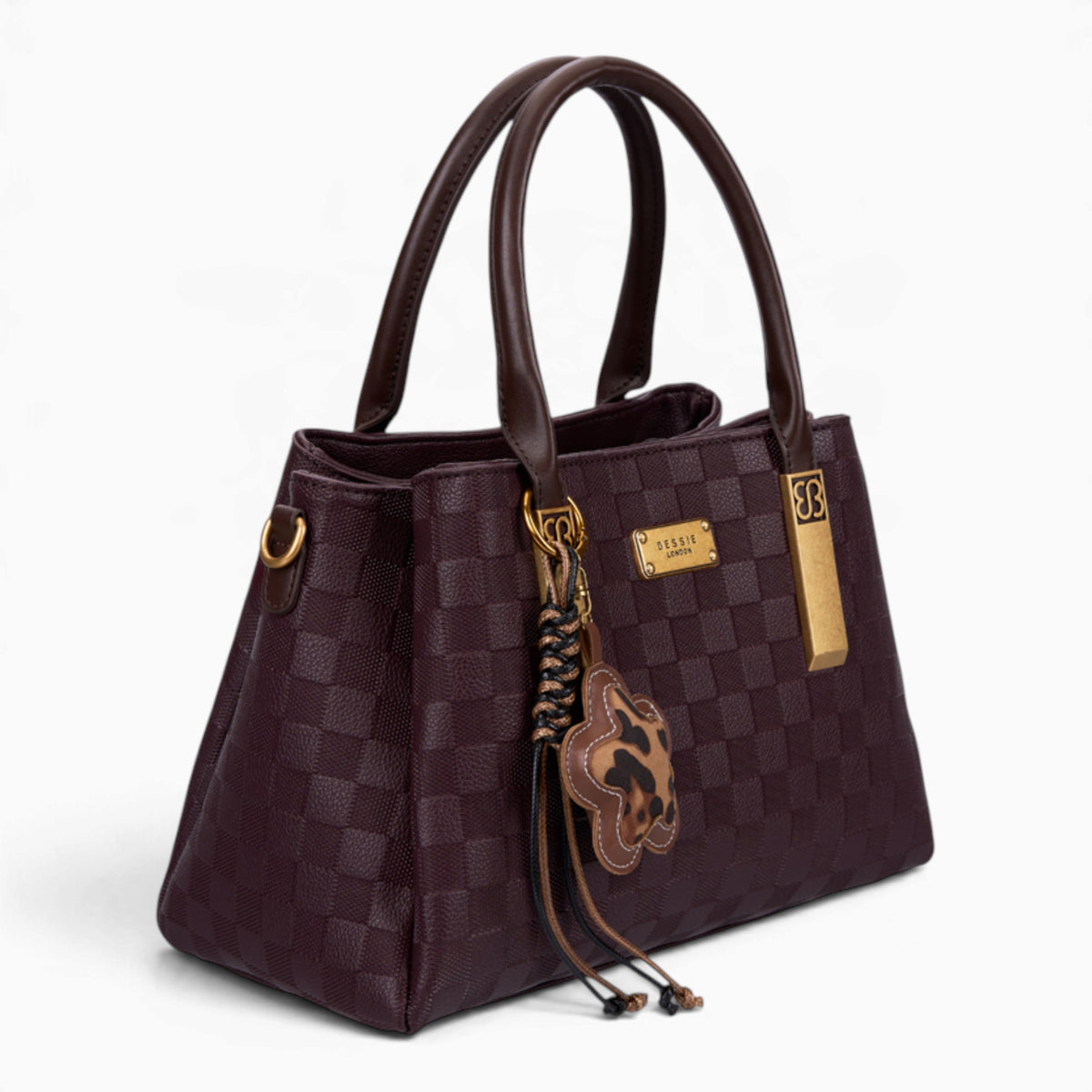 Wine checkerboard tote bag, angled view showing the checkerboard pattern and charm
