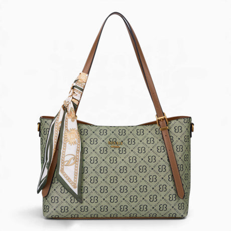 Grey monogram shoulder bag with long handles and a scarf accent