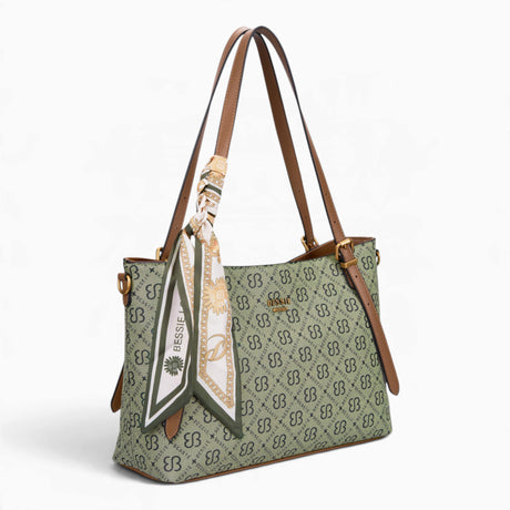 Grey monogram shoulder bag, angled view showing the monogram print and scarf