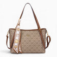 Khaki monogram shoulder bag with long handles and a scarf accent
