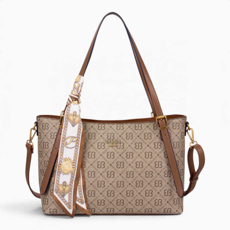 Khaki monogram shoulder bag with long handles and a scarf accent