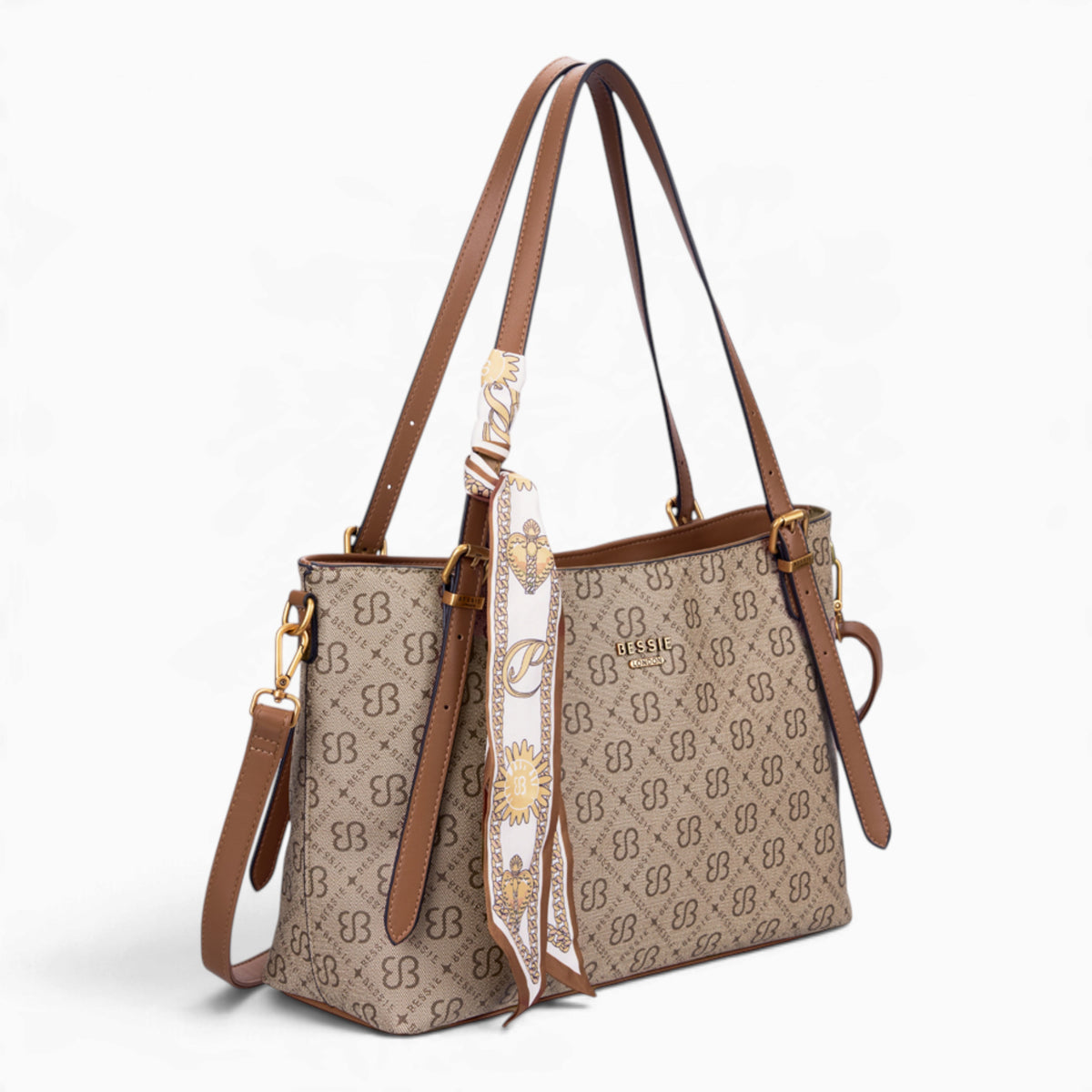 Khaki monogram shoulder bag, angled view showing the monogram print and scarf