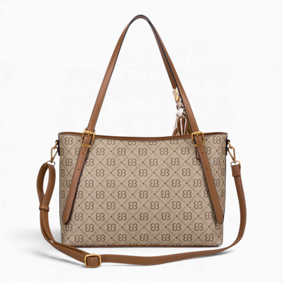 Khaki monogram shoulder bag from the back, showing the monogram back panel