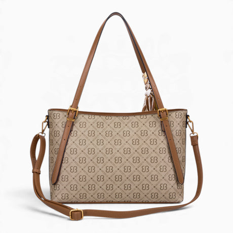 Khaki monogram shoulder bag from the back, showing the monogram back panel