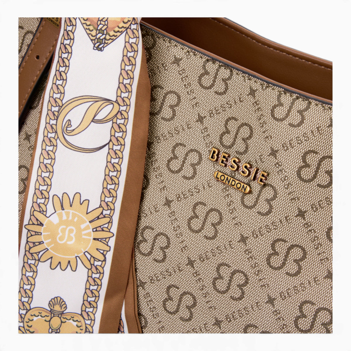 Khaki monogram shoulder bag, close-up of the monogram print and scarf