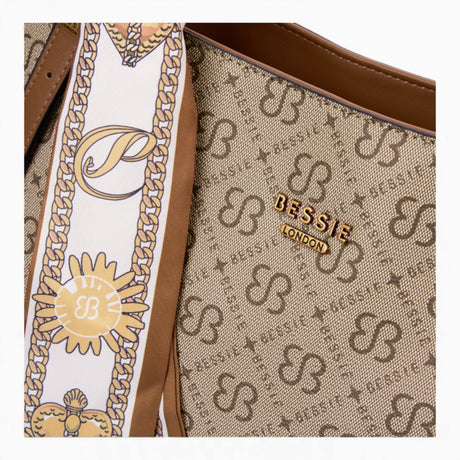Khaki monogram shoulder bag, close-up of the monogram print and scarf