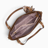 Khaki monogram shoulder bag opened to show the middle compartment divided into three