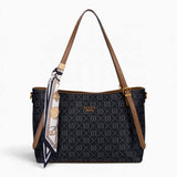 Black monogram shoulder bag with long handles and a scarf accent