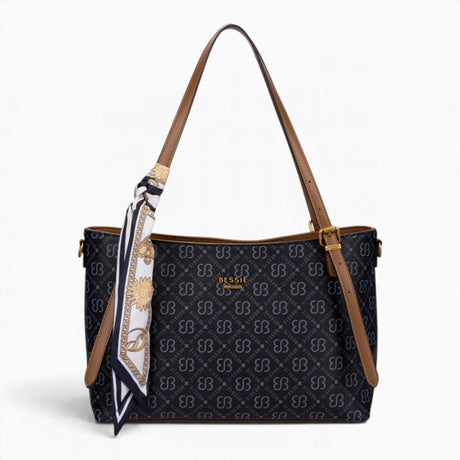 Black monogram shoulder bag with long handles and a scarf accent
