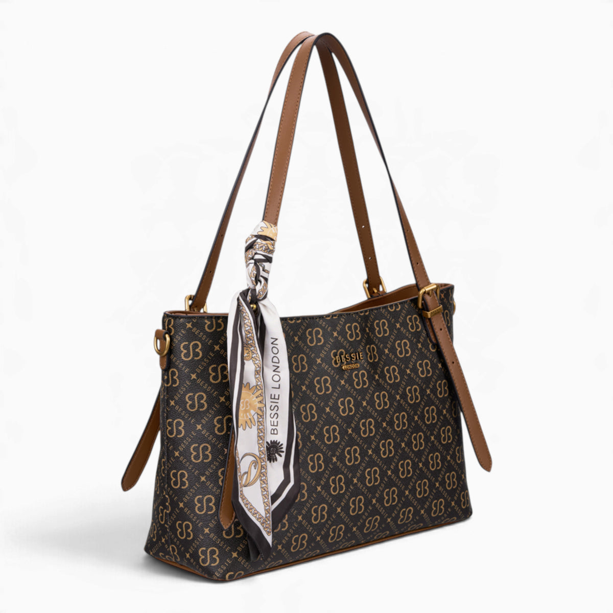 Coffee monogram shoulder bag, angled view showing the monogram print and scarf