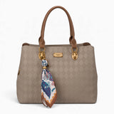 Taupe monogram tote bag with a printed scarf accent
