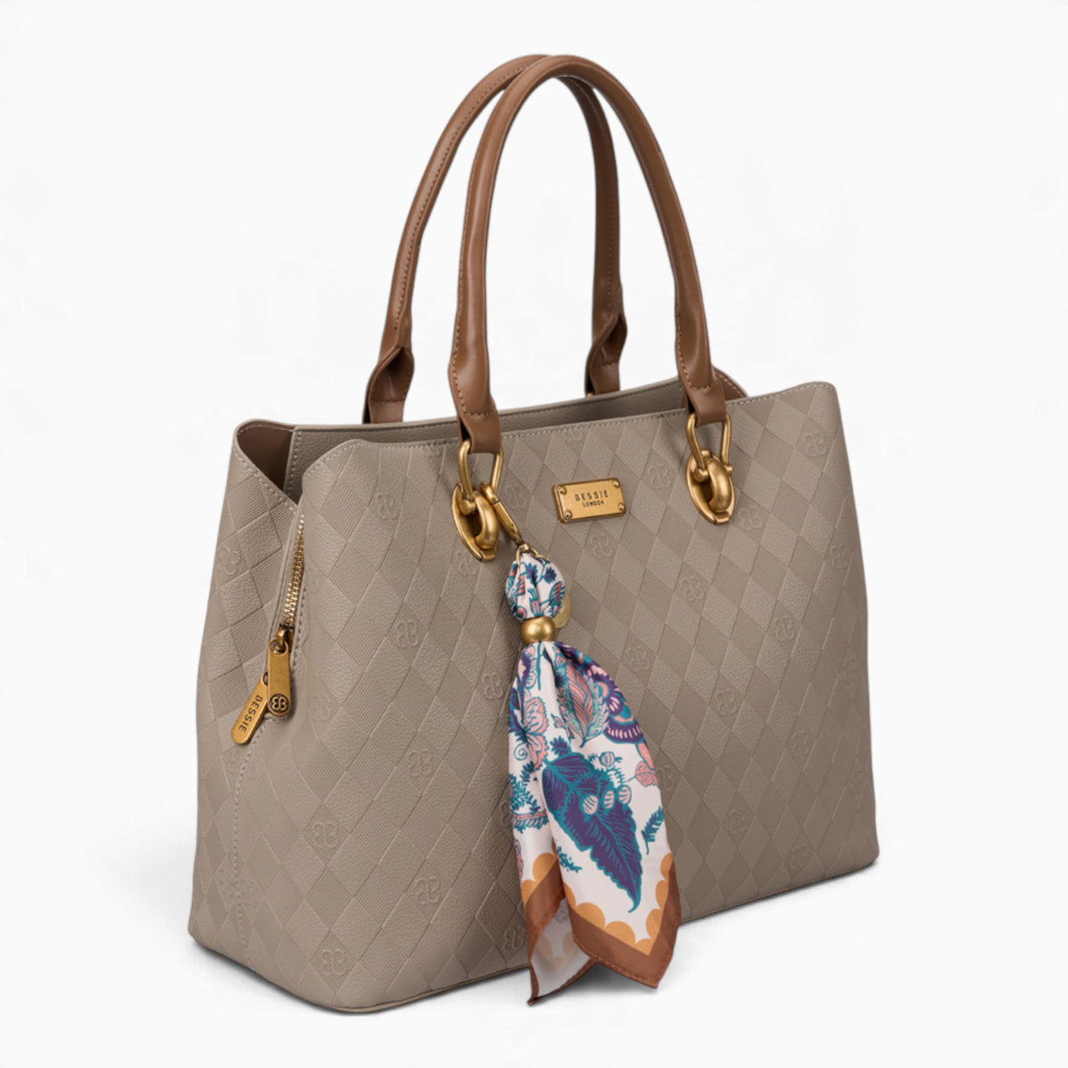 Taupe monogram tote bag, angled view showing the monogram print and scarf