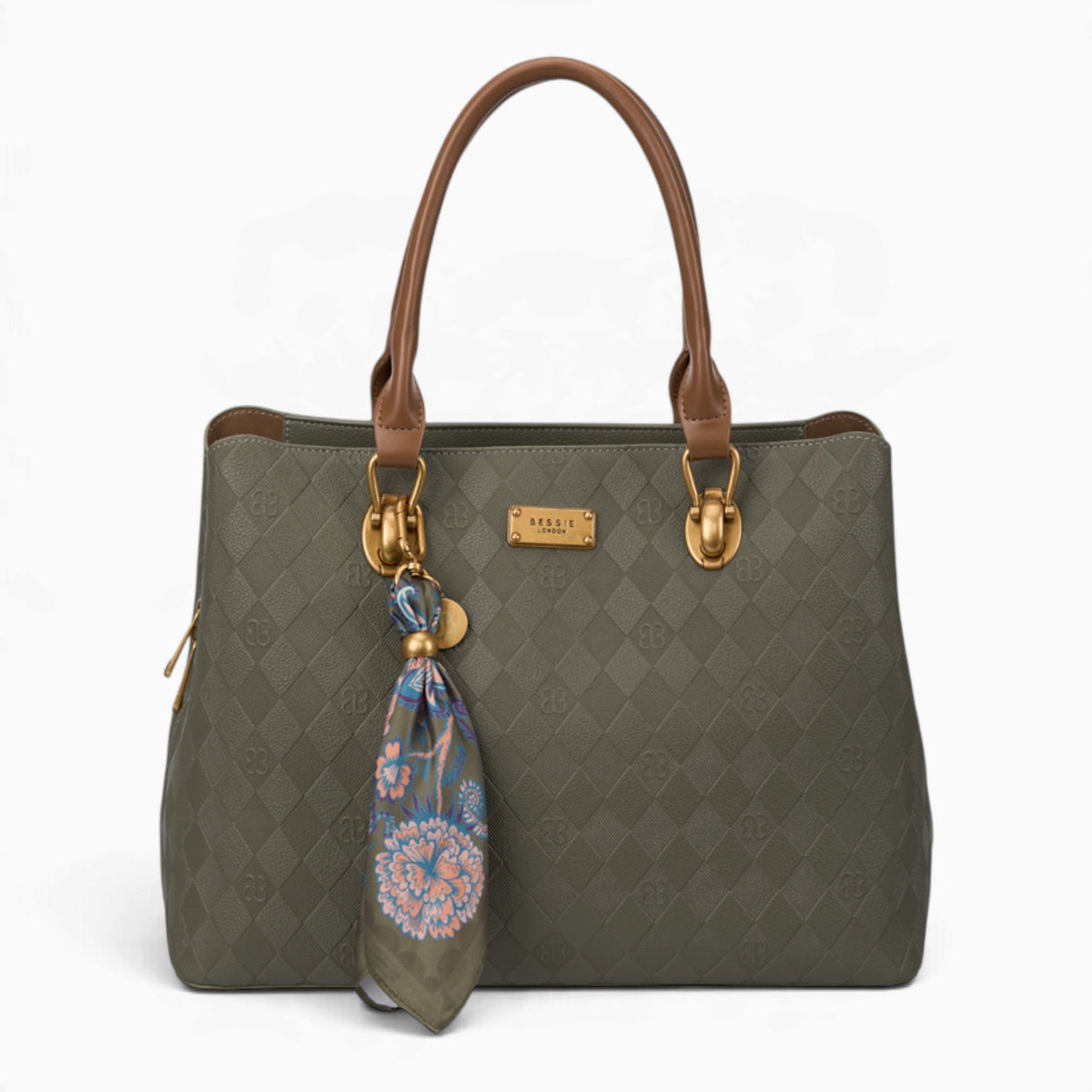 Green monogram tote bag with a printed scarf accent