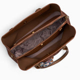 Tan monogram tote bag opened to show the three compartments with a middle zip