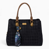 Black monogram tote bag with a printed scarf accent