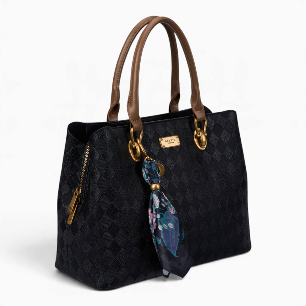 Black monogram tote bag, angled view showing the monogram print and scarf