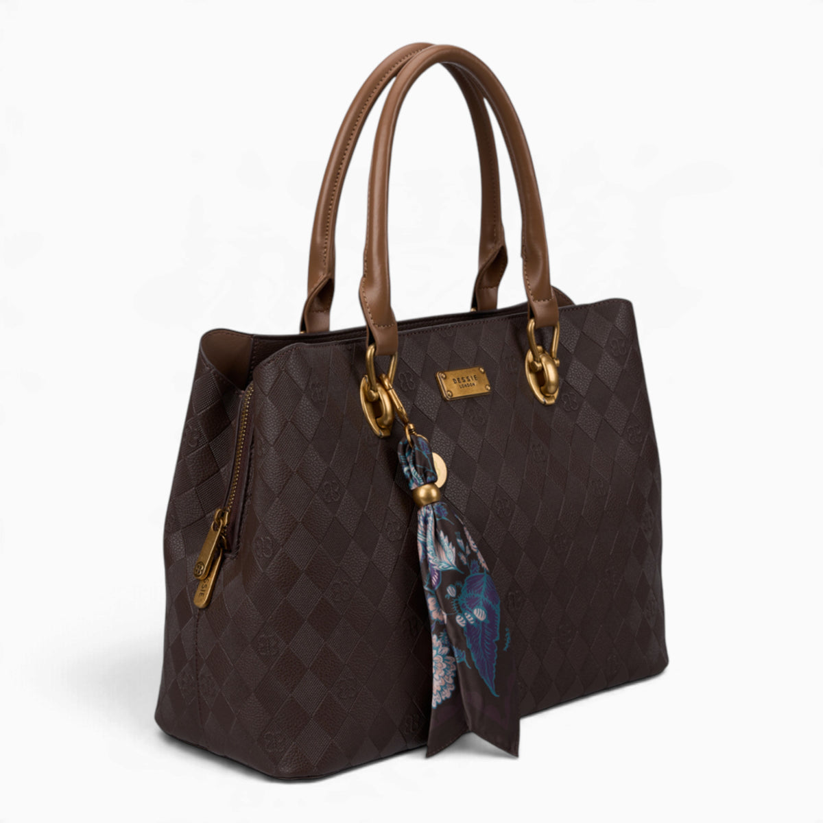 Coffee monogram tote bag, angled view showing the monogram print and scarf