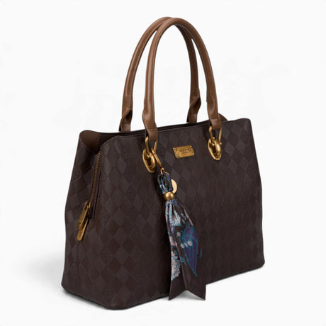 Coffee monogram tote bag, angled view showing the monogram print and scarf