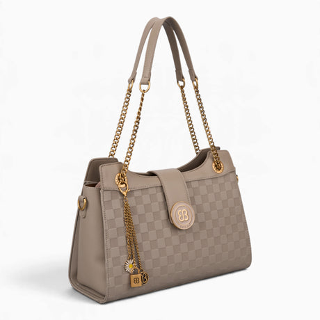 Taupe checkerboard shoulder bag, angled view showing the flap front and chain detail