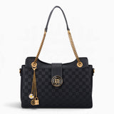 Black checkerboard shoulder bag with a flap-over front, chain and charm