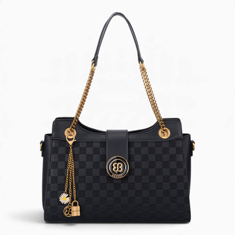 Black checkerboard shoulder bag with a flap-over front, chain and charm