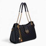 Black checkerboard shoulder bag, angled view showing the flap front and chain detail