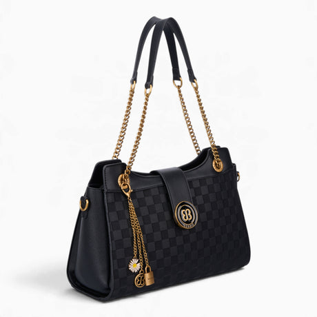 Black checkerboard shoulder bag, angled view showing the flap front and chain detail