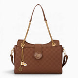 Tan checkerboard shoulder bag with a flap-over front, chain and charm