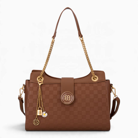 Tan checkerboard shoulder bag with a flap-over front, chain and charm