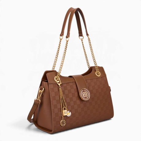 Tan checkerboard shoulder bag, angled view showing the flap front and chain detail