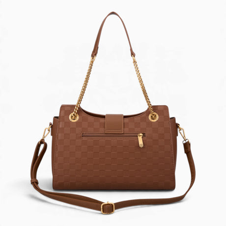 Tan checkerboard shoulder bag with its detachable shoulder strap attached