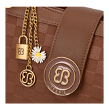 Tan checkerboard shoulder bag, close-up of the gold chain and logo charms