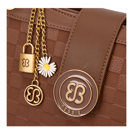 Tan checkerboard shoulder bag, close-up of the gold chain and logo charms