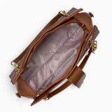 Tan checkerboard shoulder bag opened to show the main compartment under the flap