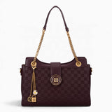 Wine checkerboard shoulder bag with a flap-over front, chain and charm