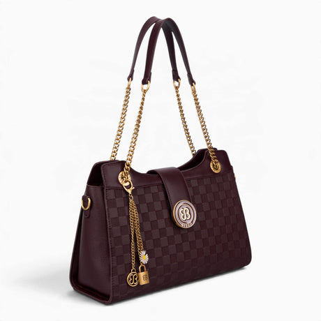 Wine checkerboard shoulder bag, angled view showing the flap front and chain detail