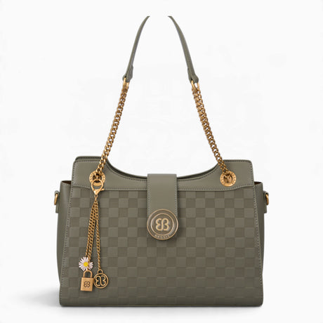Green checkerboard shoulder bag with a flap-over front, chain and charm