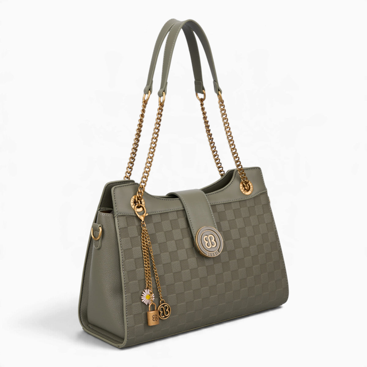 Green checkerboard shoulder bag, angled view showing the flap front and chain detail