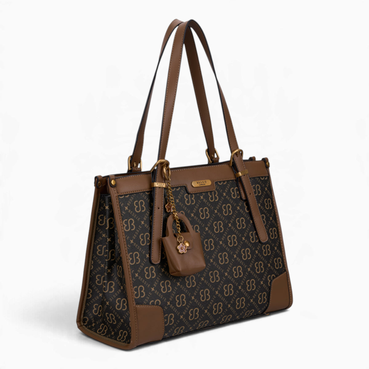 Tan monogram shoulder bag, angled view showing the monogram print and charm